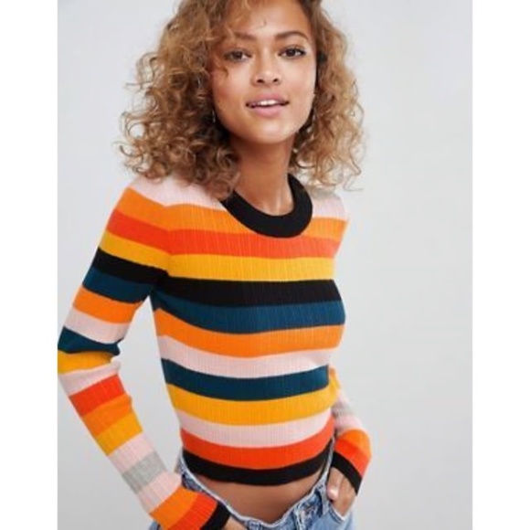 ASOS - Long Sleeve Cropped Striped Knit Rainbow Pullover Sweater - Picture 1 of 7